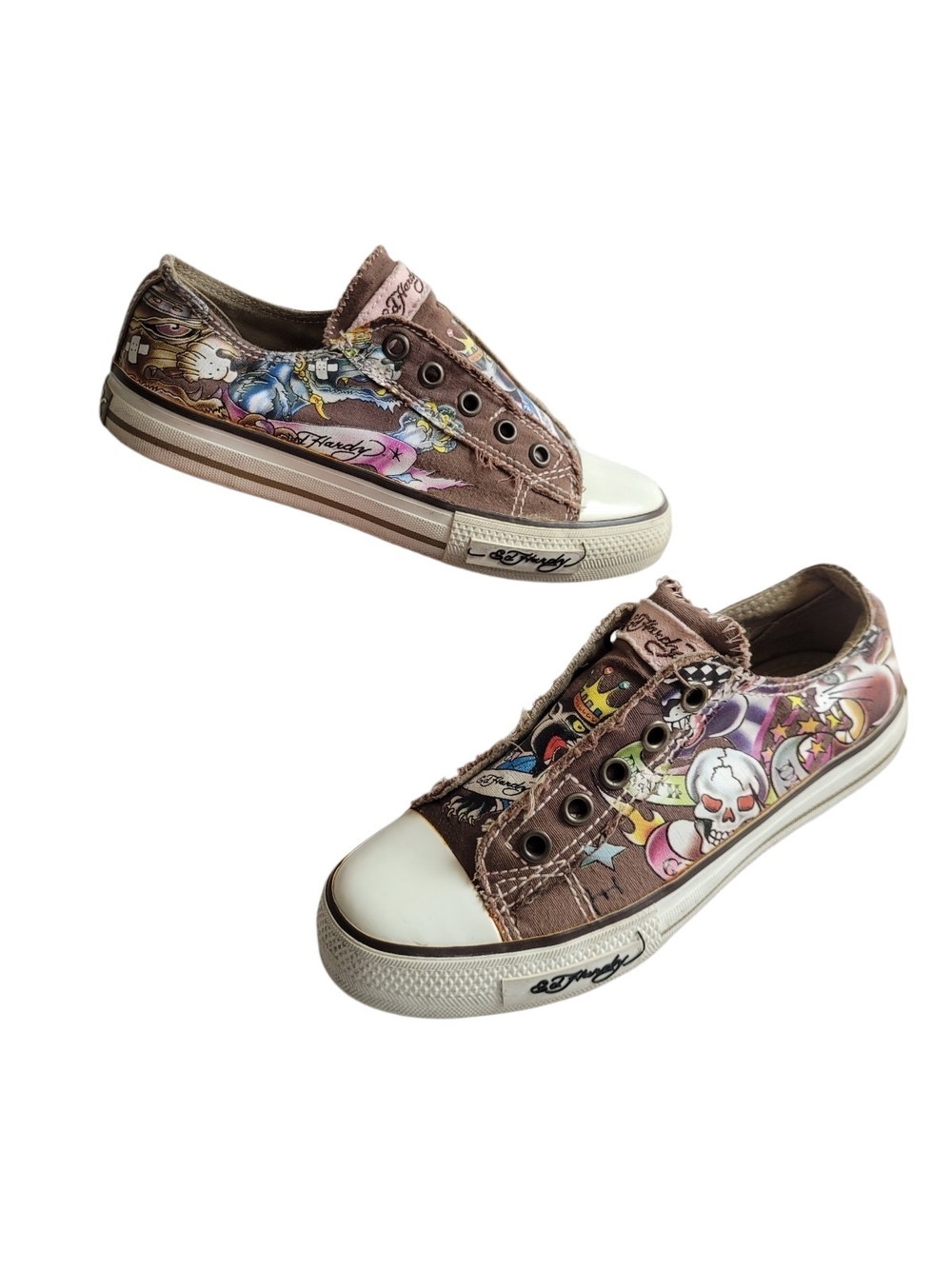 Ed Hardy Tattoo Graphic Unisex Slip-On Sneakers Brown with White Toe